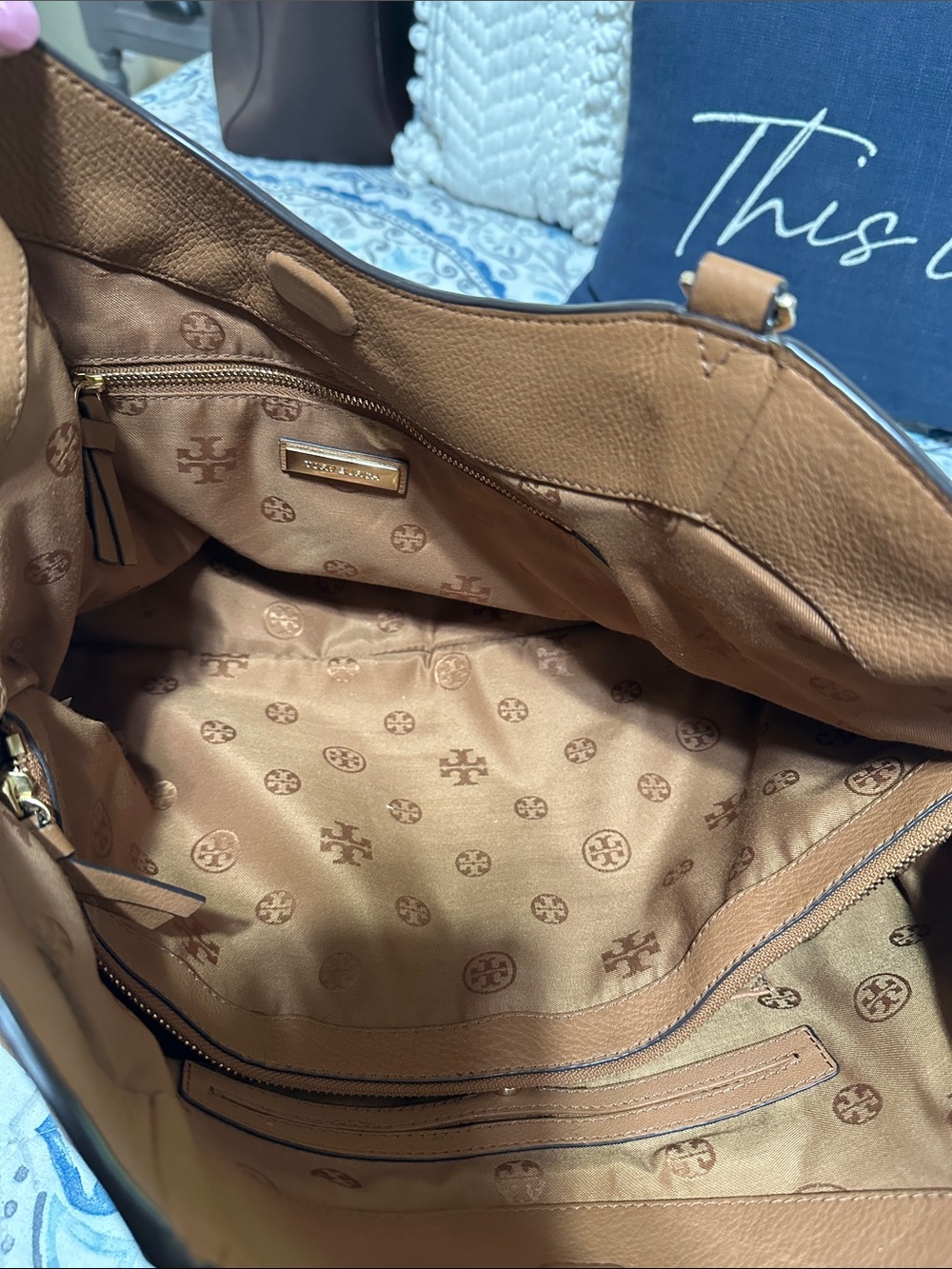 Tory Burch Brown Pebbled Leather Logo Tote - Picture 8 of 9